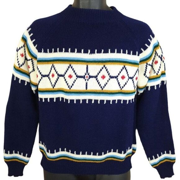 Fair Isle Ski Sweater Vintage 70s 80s Geometric Diamonds Mens Size Medium - Picture 1 of 5